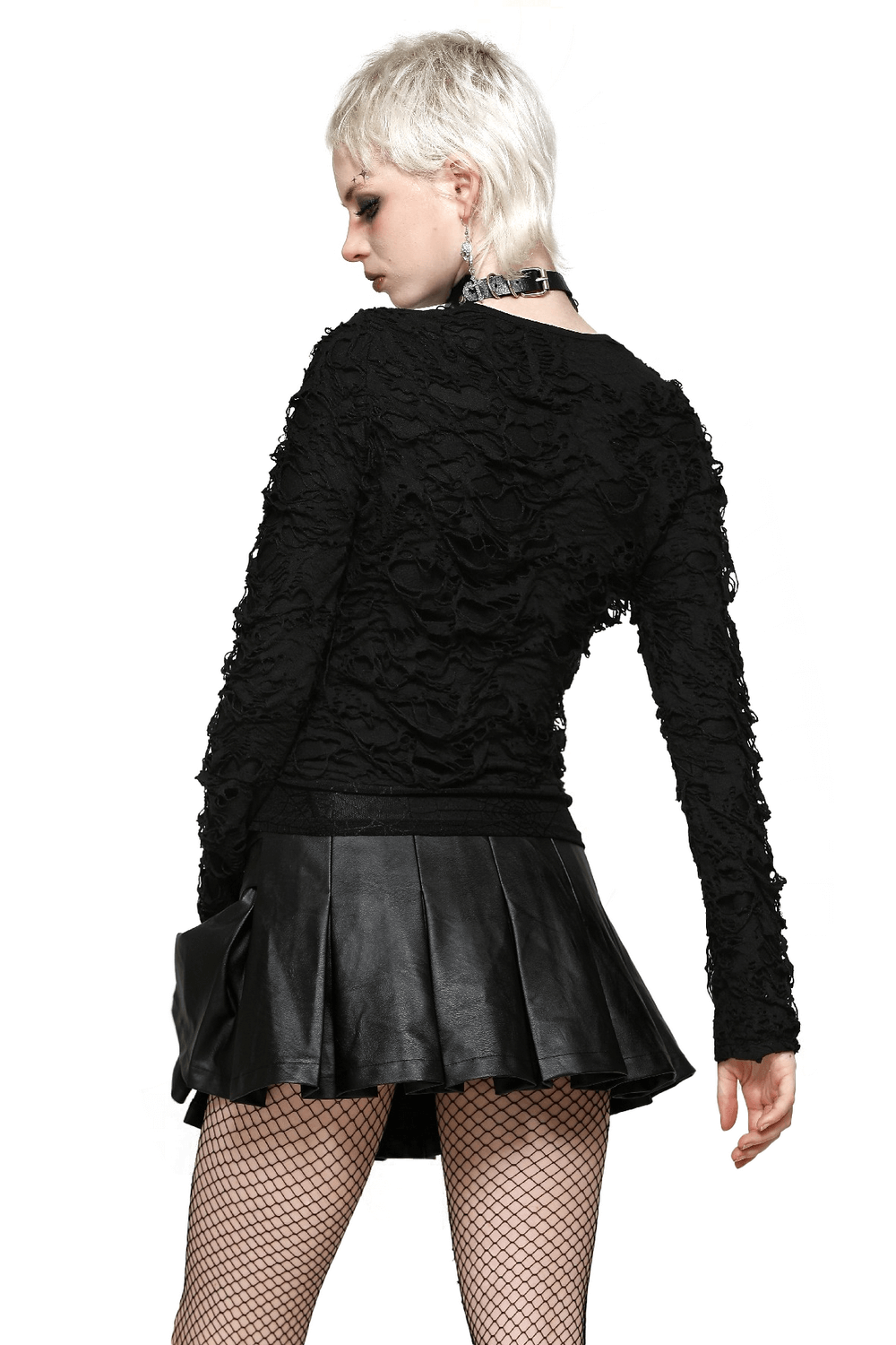 Edgy black punk lace-up top with ripped sleeves, paired with a leather skirt, perfect for alternative fashion lovers.