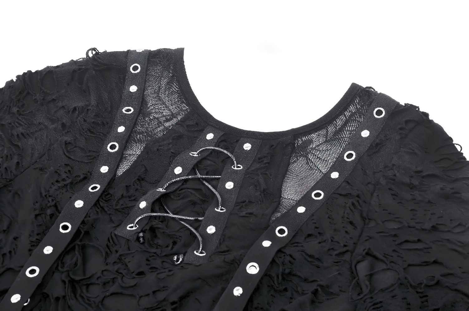 Edgy punk lace-up top with ripped mesh fabric and silver details, perfect for alternative fashion lovers.