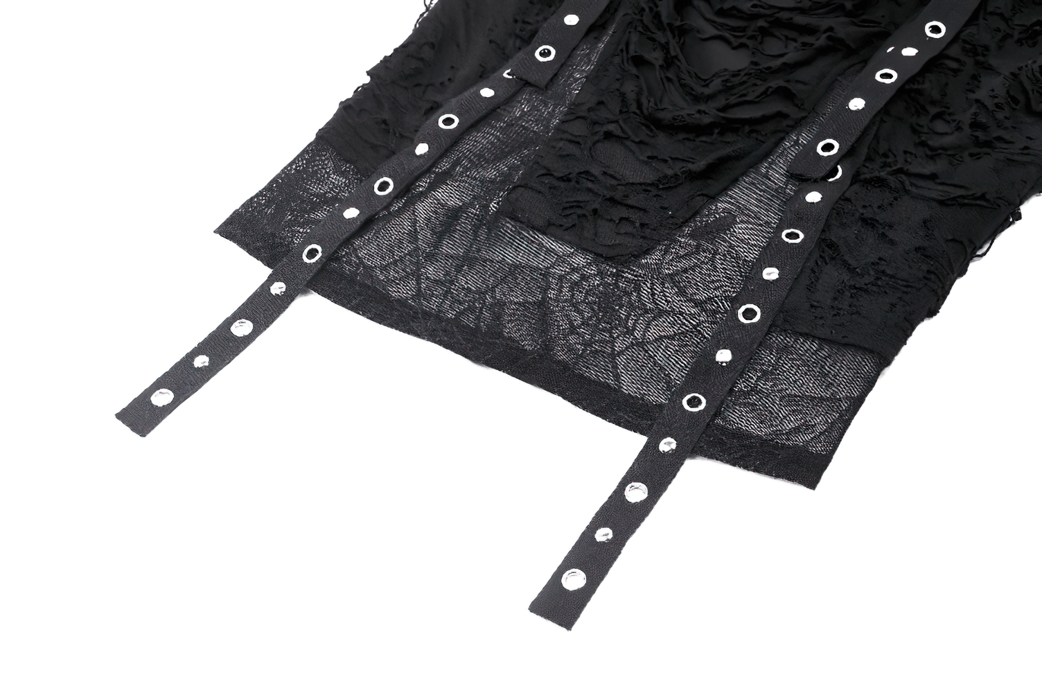 Close-up of punk lace-up black mesh top with ripped sleeves and spiderweb detail showcasing adjustable straps.