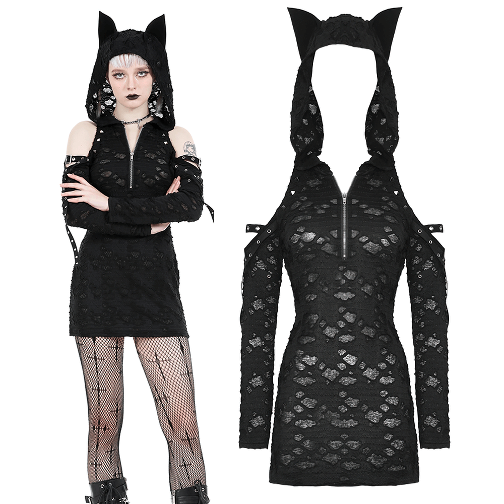 Punk lace zip-up mini dress with hood and cat ears, perfect for edgy, gothic fashion lovers.