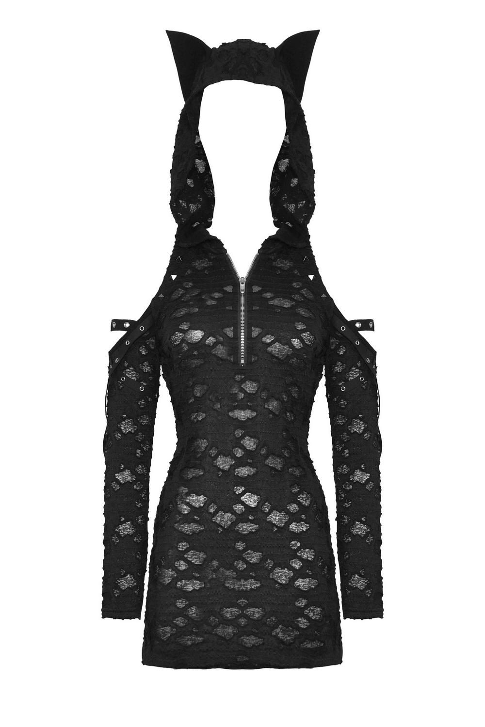 Punk Lace Zip-Up Mini Dress with Hood and Cat Ear Punk Lace Zip-Up Mini Dress with Hood and Cat Ear
