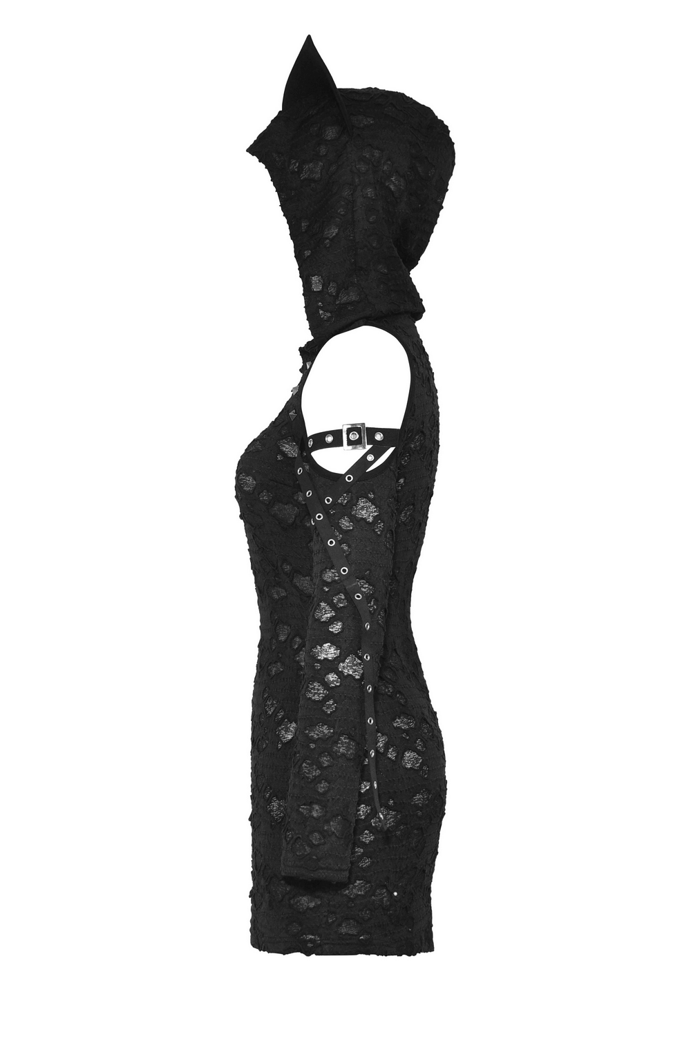 Punk lace zip-up mini dress with hood and cat ears in black, showcasing edgy style and intricate lace details.