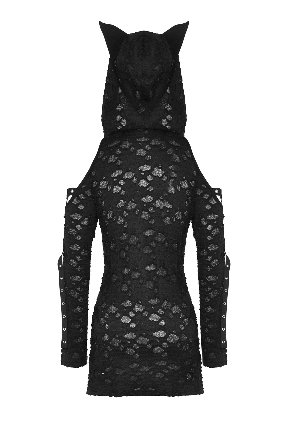Back view of a punk lace zip-up mini dress with cat ears in black, showcasing intricate lace patterns and hood design.