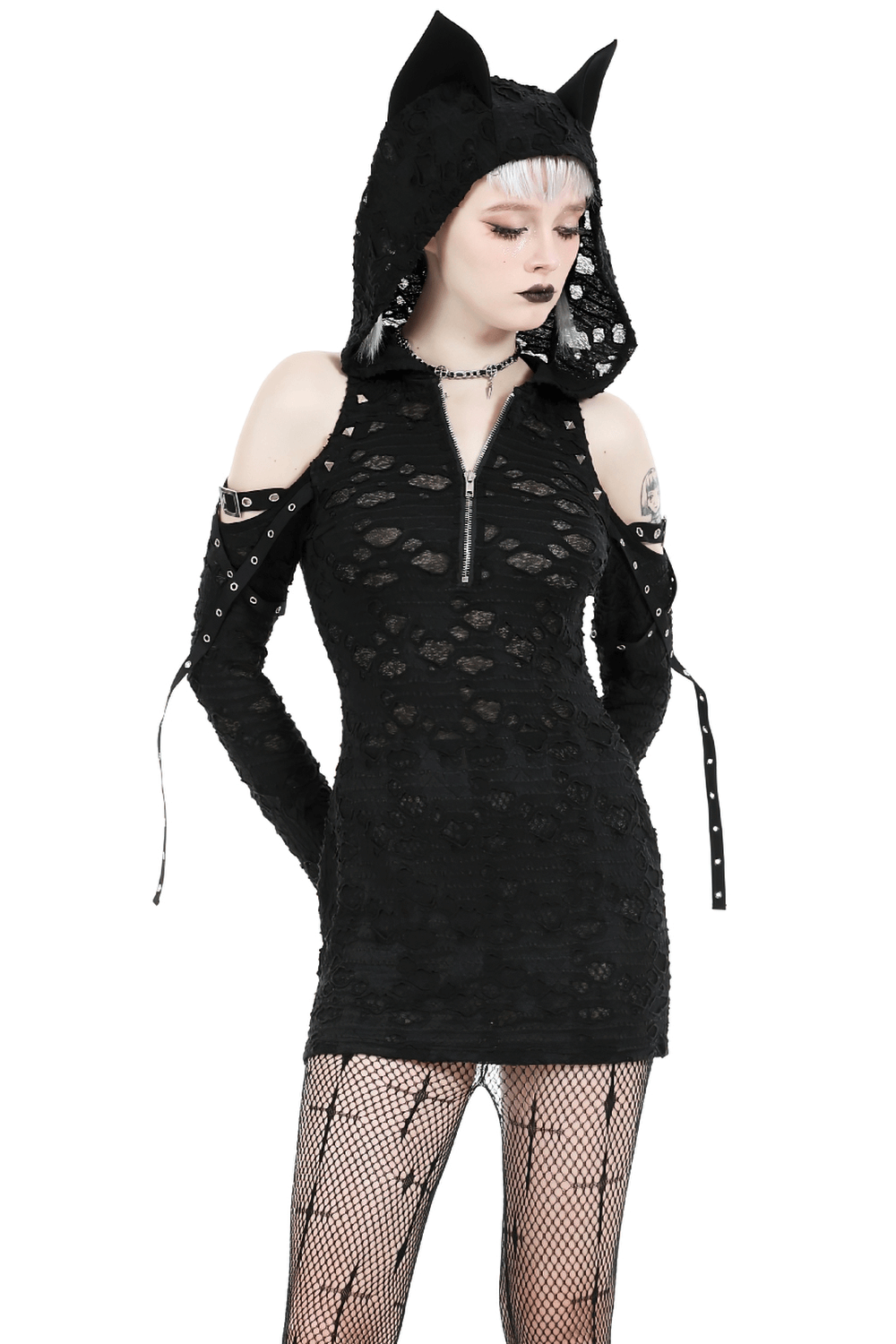 Black lace mini dress with hood and cat ears, perfect for edgy, punk-inspired fashion.