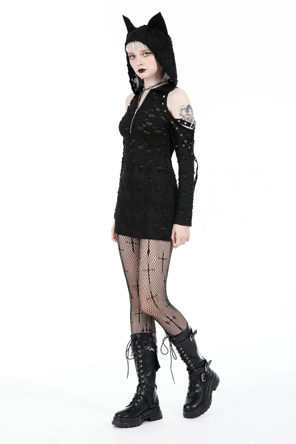 Punk lace zip-up mini dress with hood and cat ears, showcasing edgy gothic style and a bold, playful look.