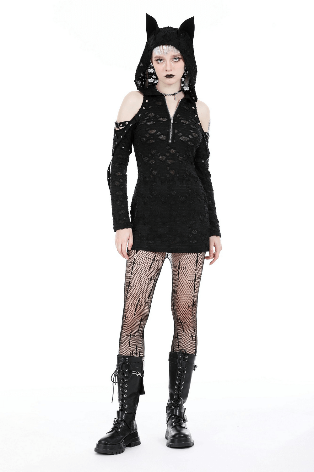 Punk Lace Zip-Up Mini Dress with Hood and Cat Ear