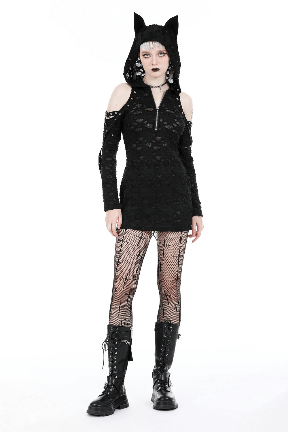 Punk lace zip-up mini dress with hood and cat ears, featuring a bold black design and edgy lace patterns.