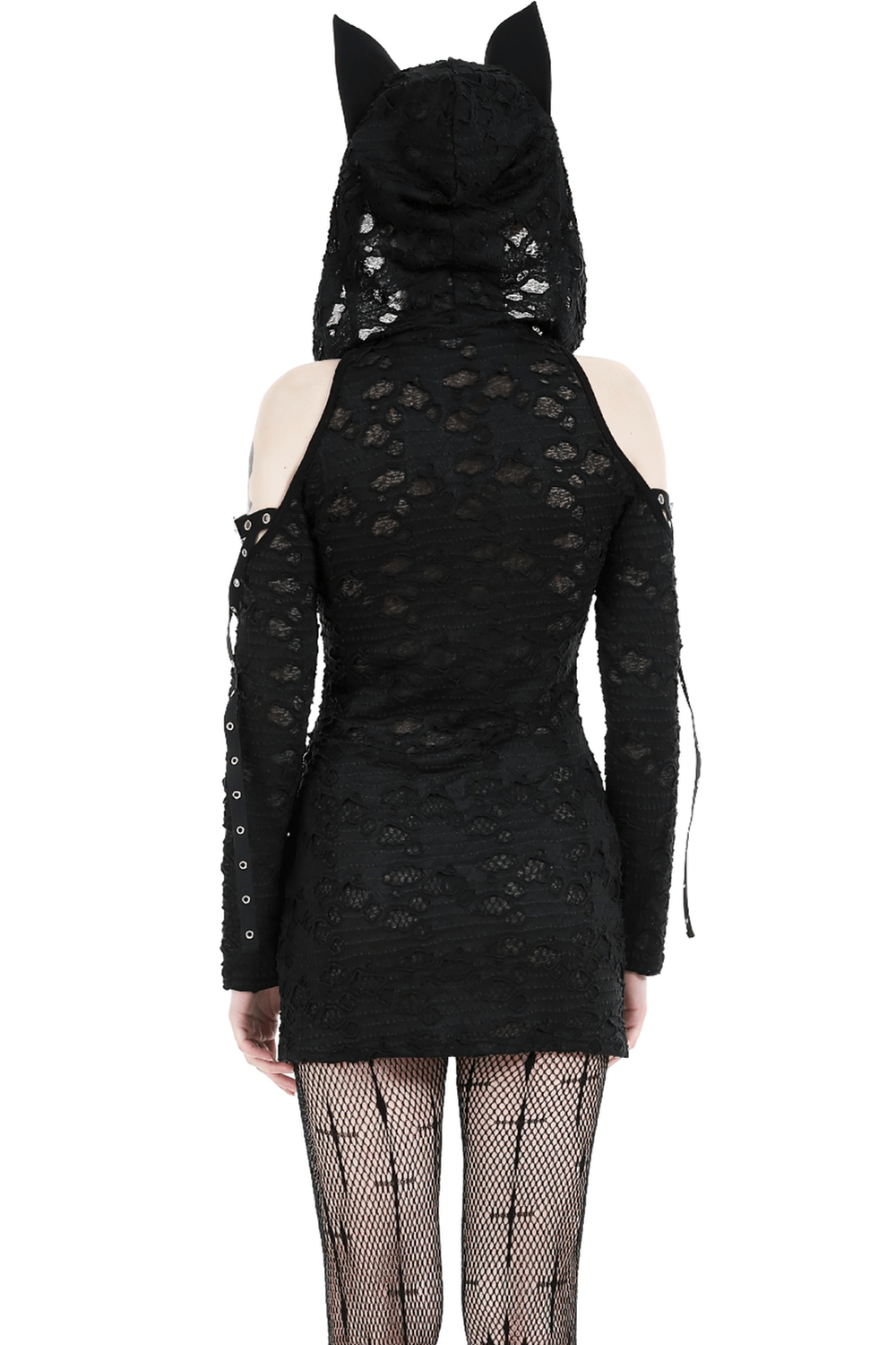 Punk Lace Zip-Up Mini Dress with Hood and Cat Ear