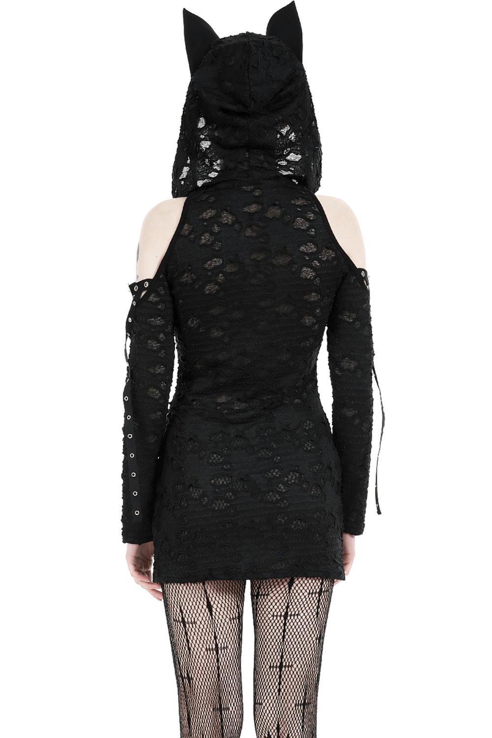 Back view of a black lace zip-up mini dress with hood and cat ears, perfect for a bold, edgy look.