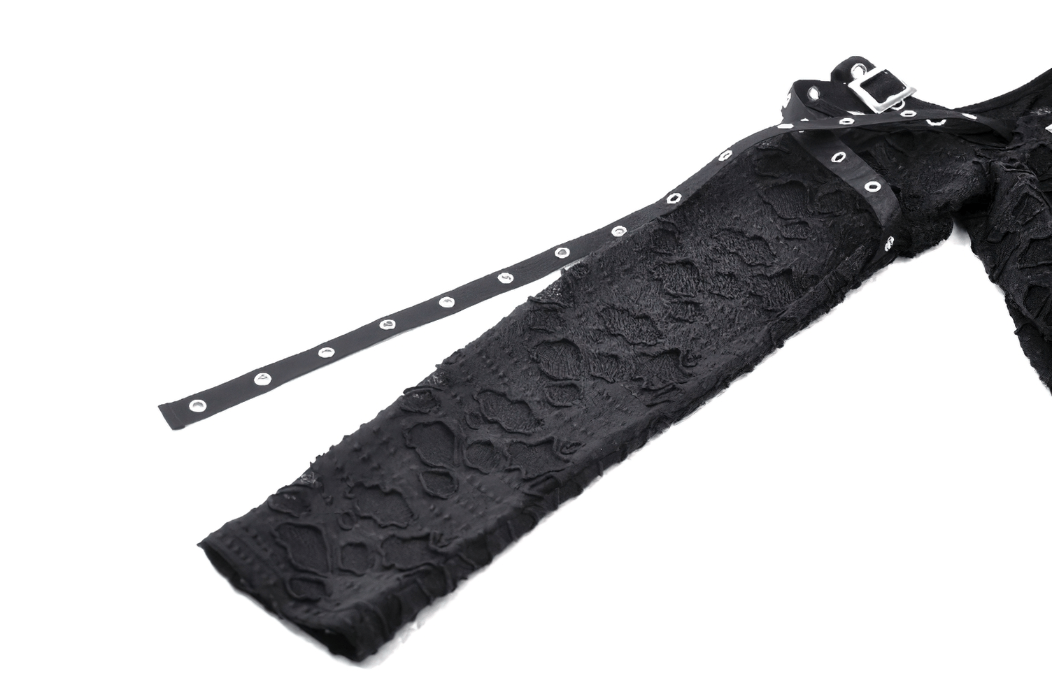 Close-up of the intricate lace detail and straps on a black punk zip-up mini dress with cat ears.