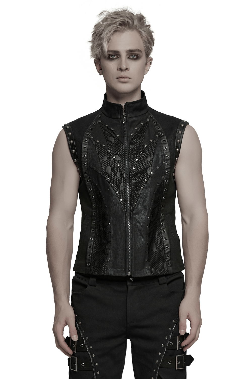 Punk leather vest with rivet details and twill fabric, showcasing bold style and unique patchwork design.