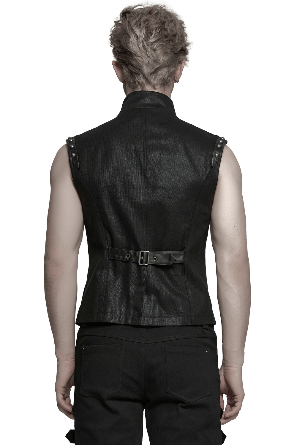 Back view of a punk leather vest with rivet detailing and a waist belt, showcasing its edgy design.