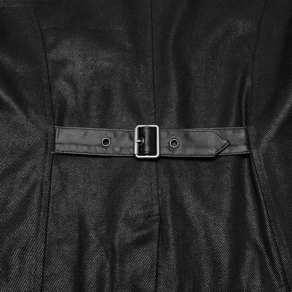 Back view of punk leather vest featuring a stylish buckle and sleek twill fabric for a bold statement.