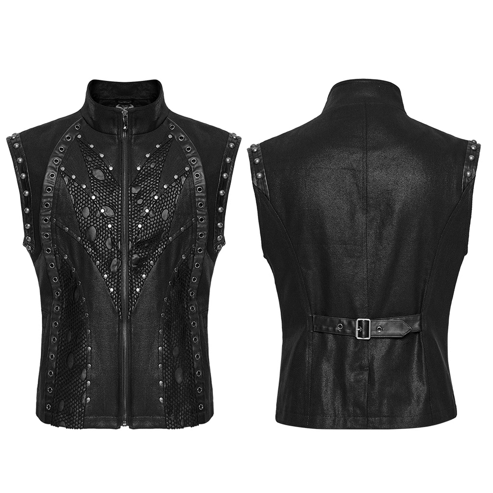 Punk leather and twill vest featuring rivet detailing and unique patchwork design