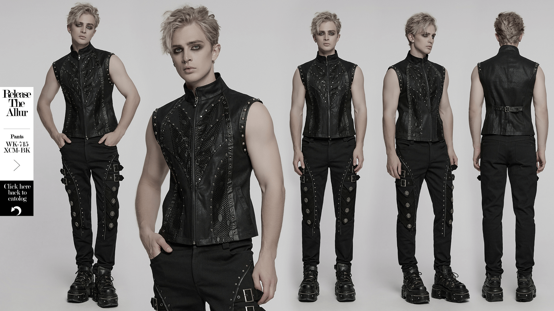 Punk leather vest with rivet detailing showcased from multiple angles, emphasizing its edgy design and unique patchwork.
