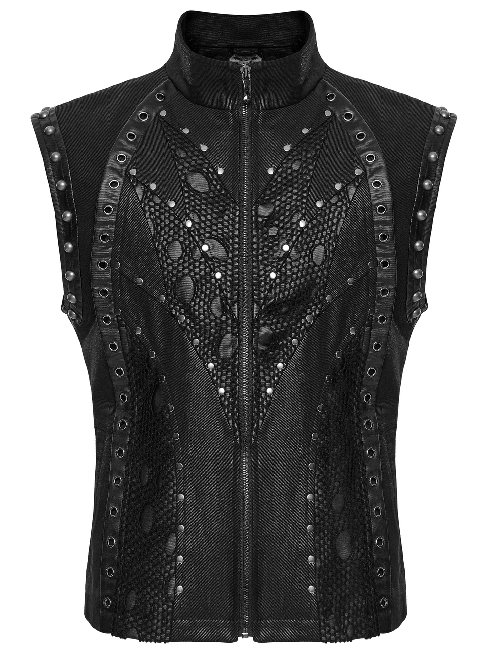 Stylish punk leather vest with twill fabric, unique patchwork, and rivet detailing for a bold look.