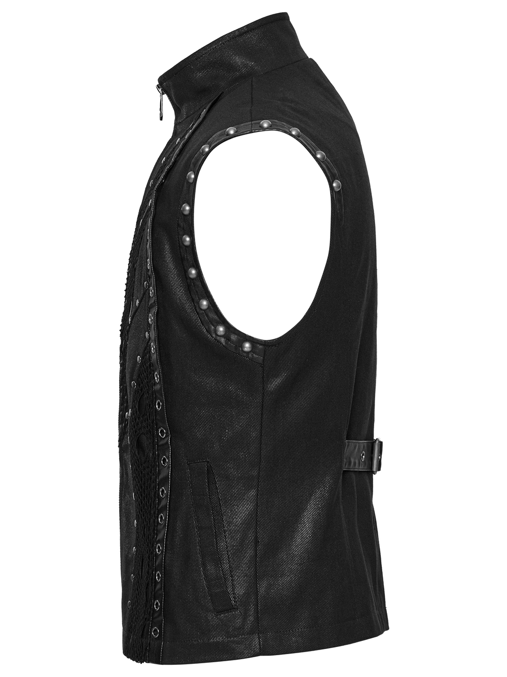 Side view of a punk leather and twill vest with rivet detailing, showcasing its rugged style and edgy design.