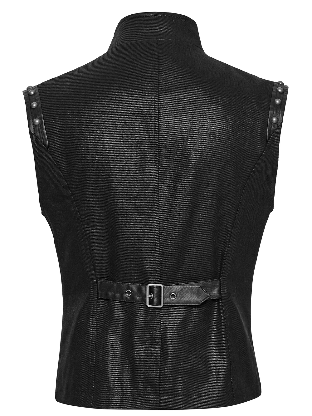 Back view of a punk leather and twill vest with rivet detailing and adjustable buckle.