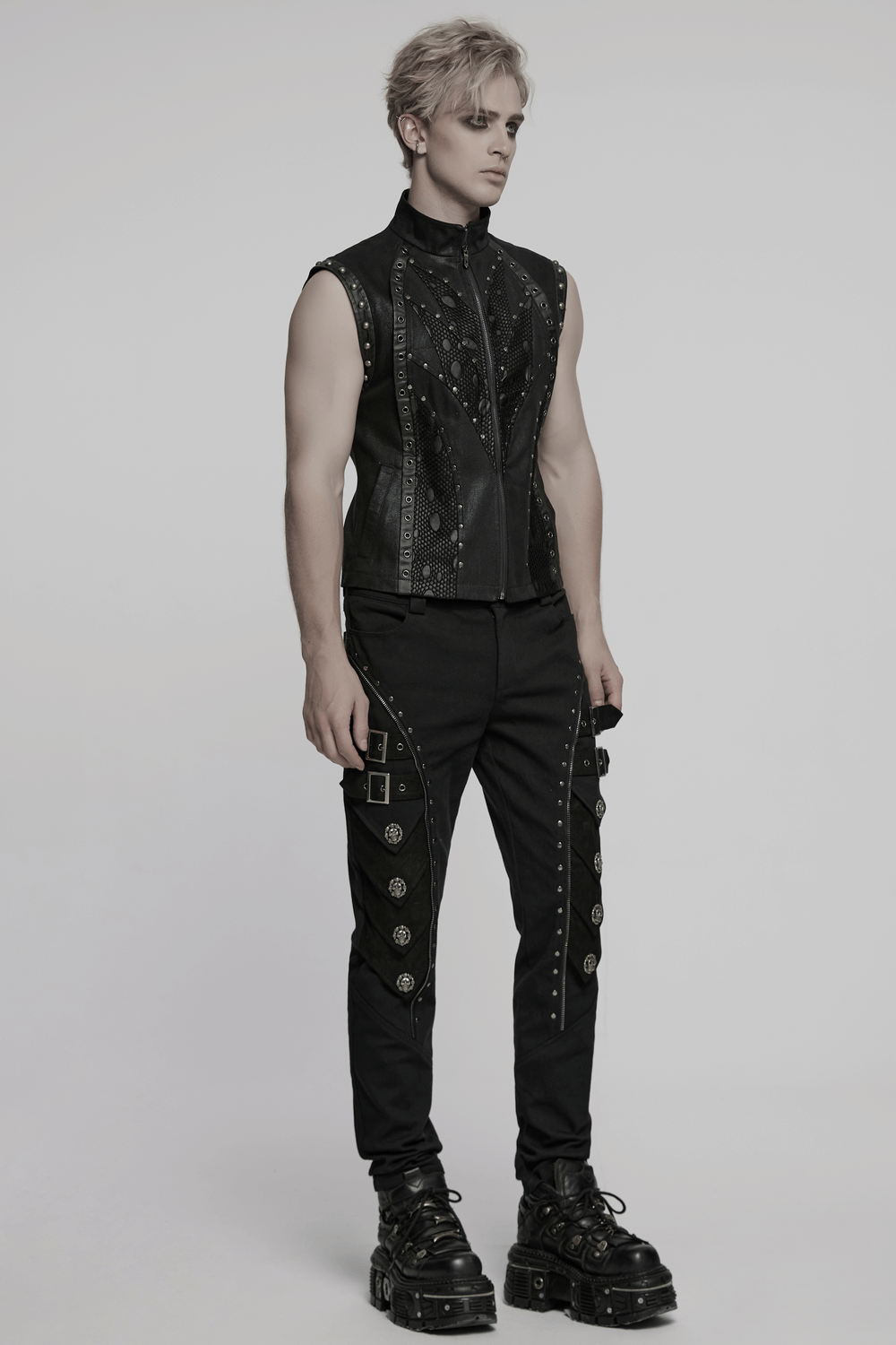 Punk leather vest with rivets and twill fabric, showcasing a bold design and stylish edge.