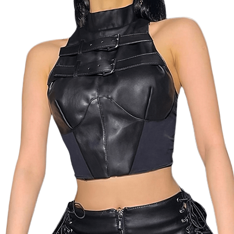 Punk women's sleeveless patchwork crop top with leather buckles, stylish and edgy design for a rebellious look.