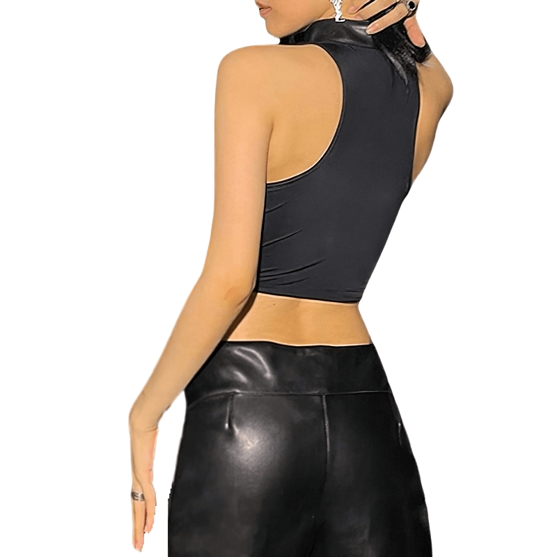 Back view of women's punk sleeveless crop top showcasing leather buckle-up design and stylish fit.