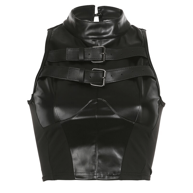 Punk women's sleeveless black leather buckle-up crop top, perfect for showcasing your bold style.