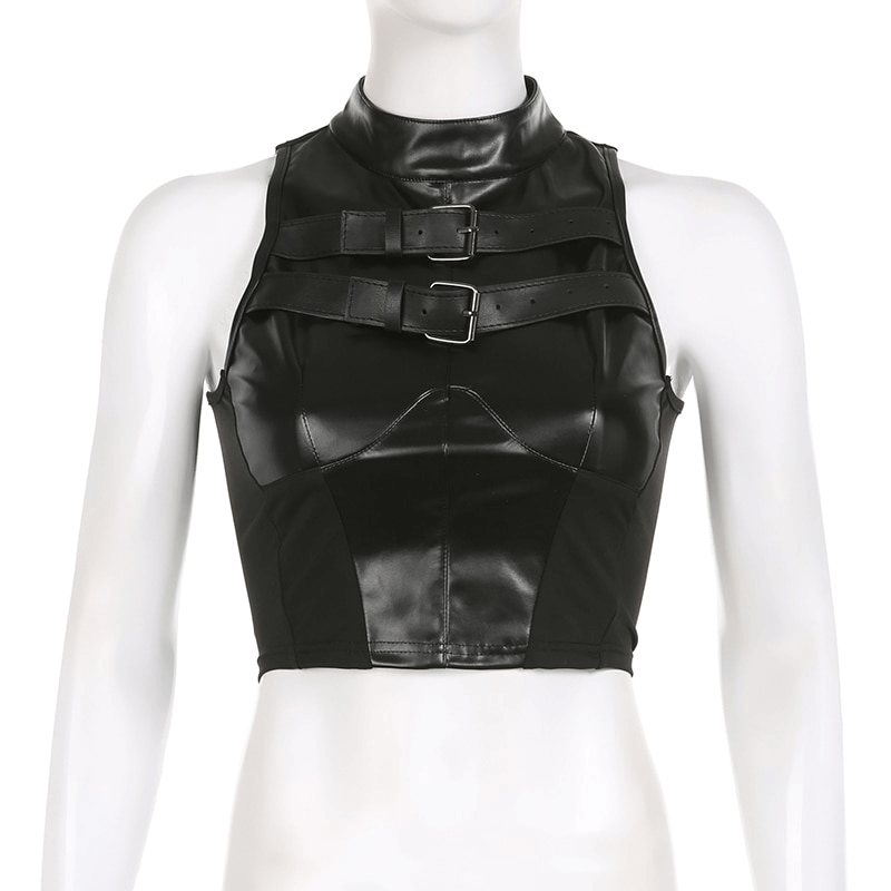 Punk Leather Buckles Up Tank Top / Women's Sleeveless Patchwork Crop Top - HARD'N'HEAVY