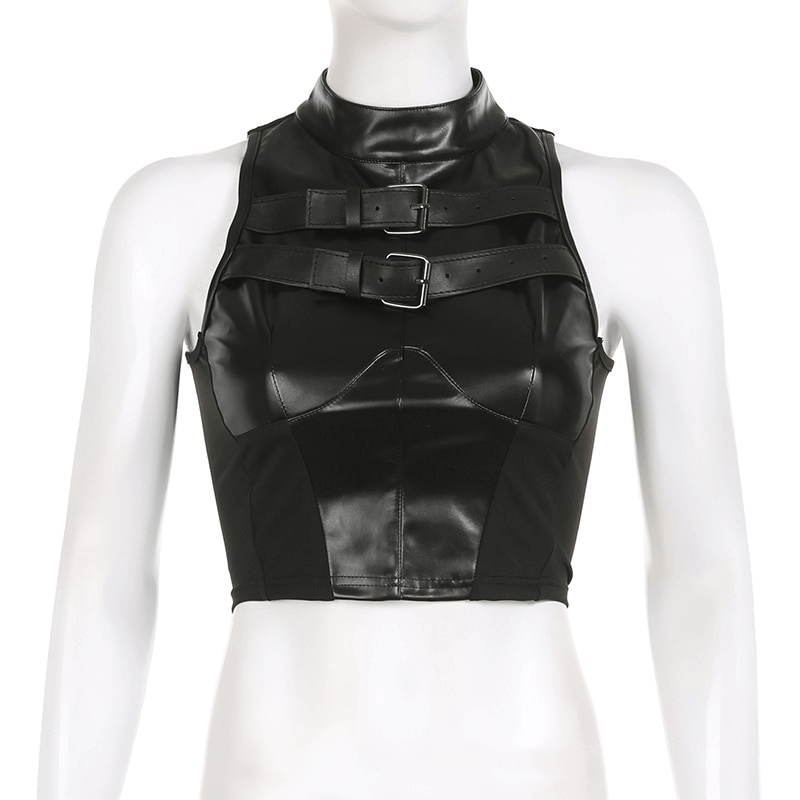 Punk women's black leather sleeveless patchwork crop top with buckle detailing for a rebellious style.