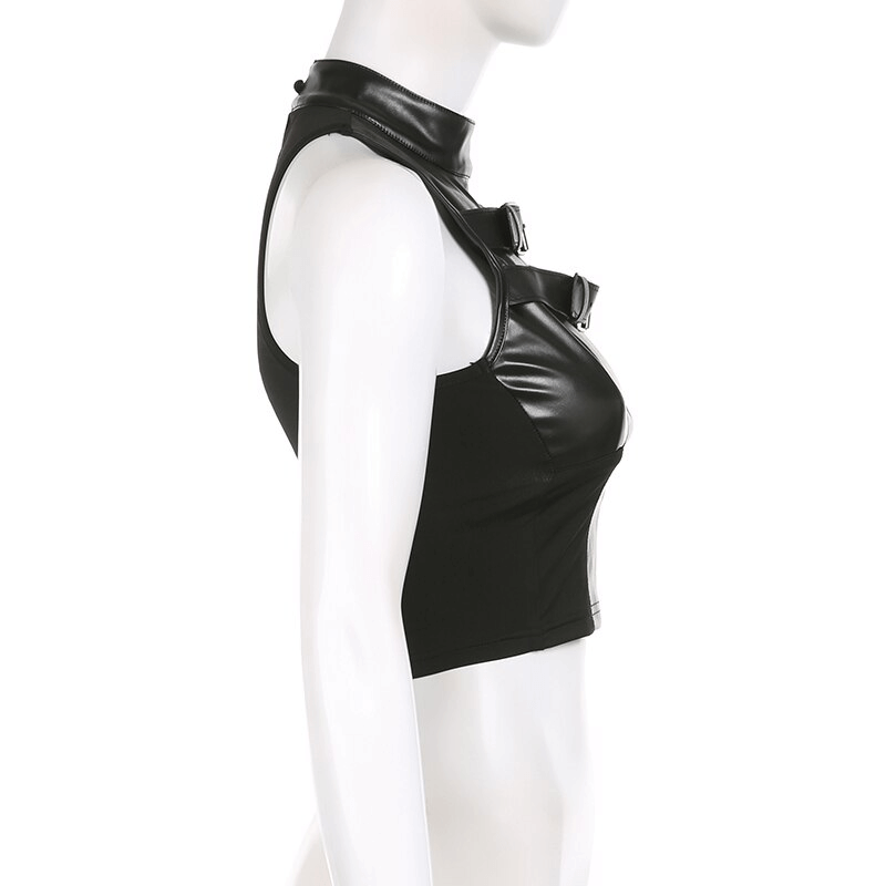 Side view of a women's punk leather buckle-up sleeveless crop top showcasing unique textures and edgy design.