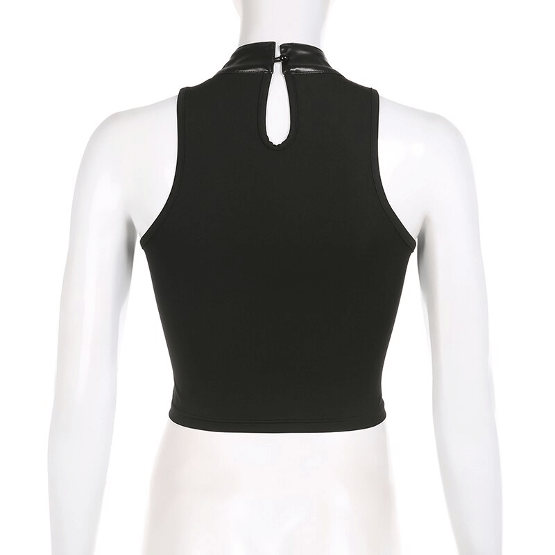 Back view of punk women's sleeveless patchwork crop top with leather buckle detail, showcasing edgy design.