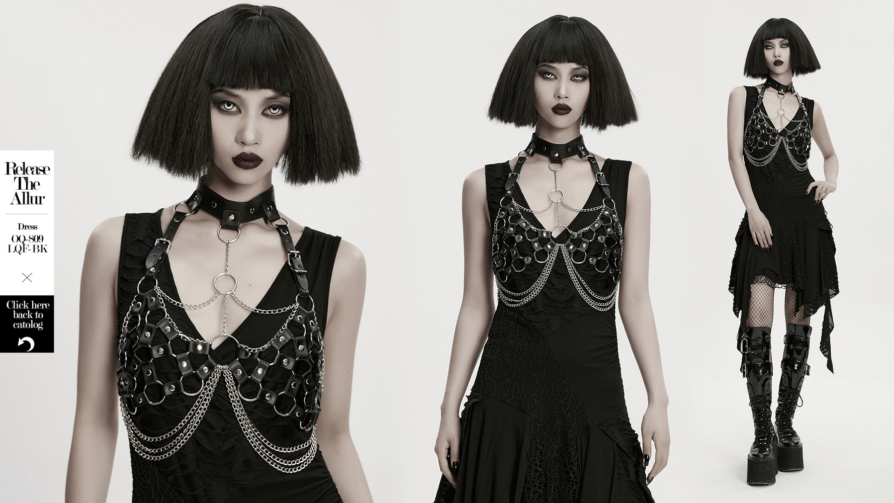 Punk Leather Chest Harness with Chains and Rings showcased by a model in an edgy outfit with chains and metal accents.