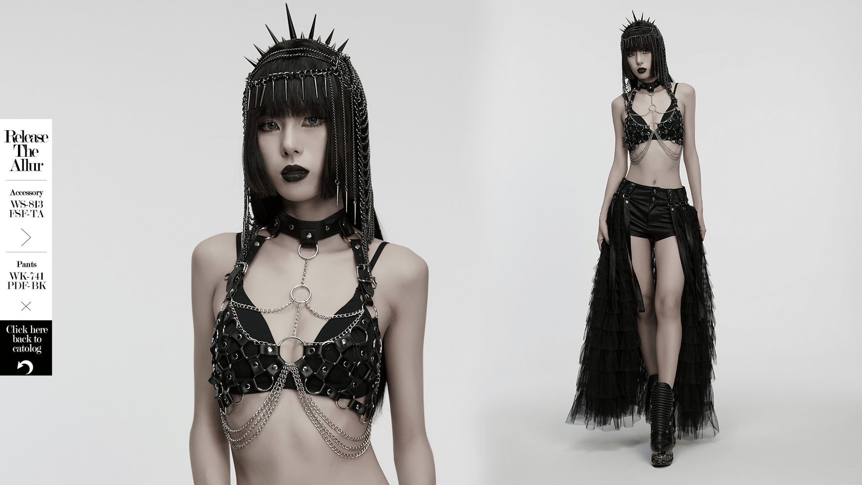 Punk Leather Chest Harness with Chains and Rings worn by model showcasing edgy punk fashion style.