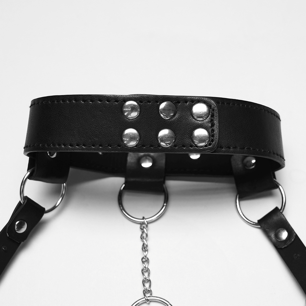 Punk Leather Chest Harness with Chains and Rings featuring snap button collar and metal accents.
