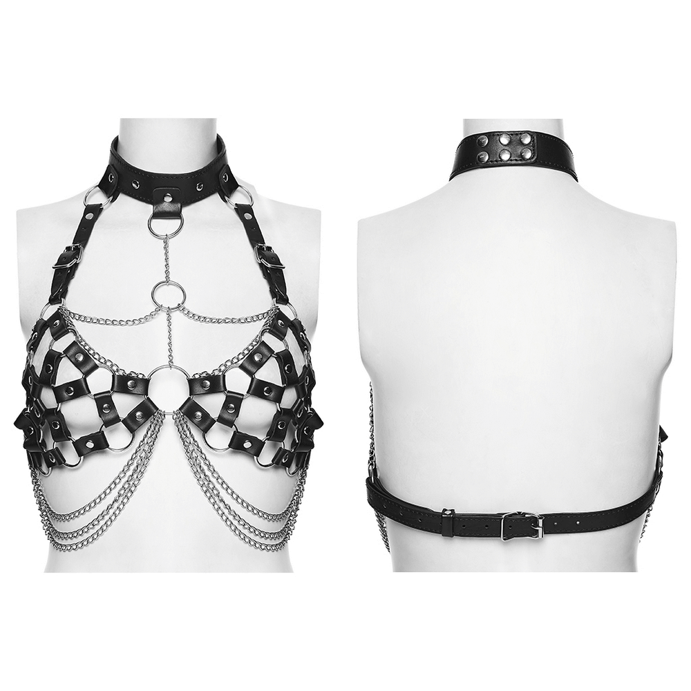 Punk Leather Chest Harness with Chains and Rings showcasing an edgy design with chains and snap button collar.