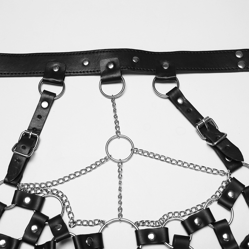 Punk Leather Chest Harness with Chains and Rings showcasing chains, rings, and eco-friendly leather construction.