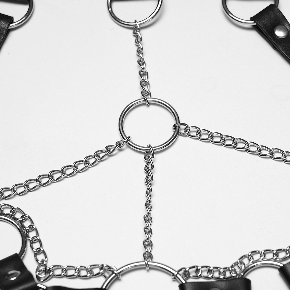 Punk Leather Chest Harness with Chains and Rings showcasing metal chains and rings in an edgy design.