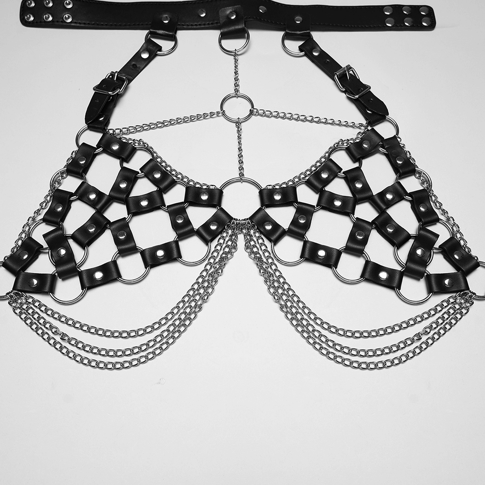 Punk Leather Chest Harness with Chains and Rings showcasing metal chains and an edgy design for a rebellious look.