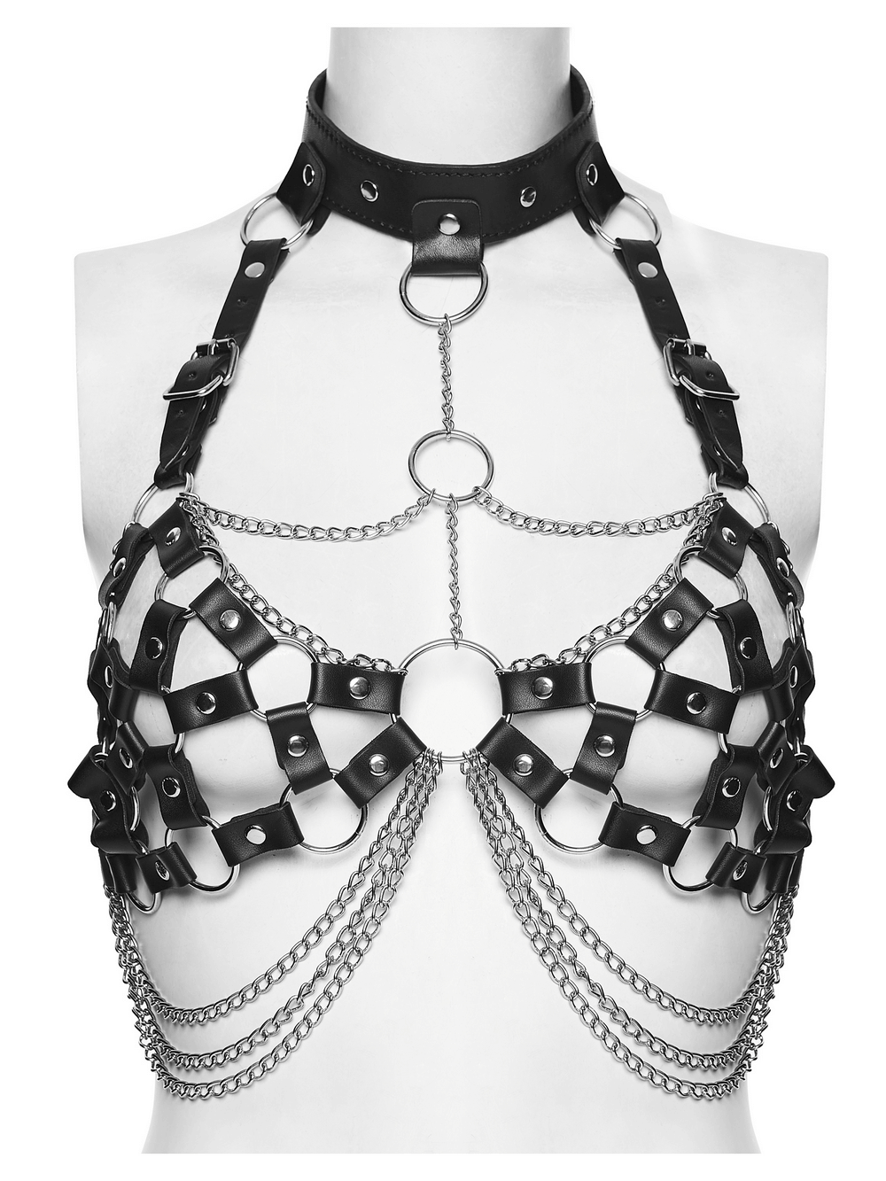 Punk Leather Chest Harness with Chains and Rings on a mannequin, featuring chains and a collar, perfect for edgy outfits.