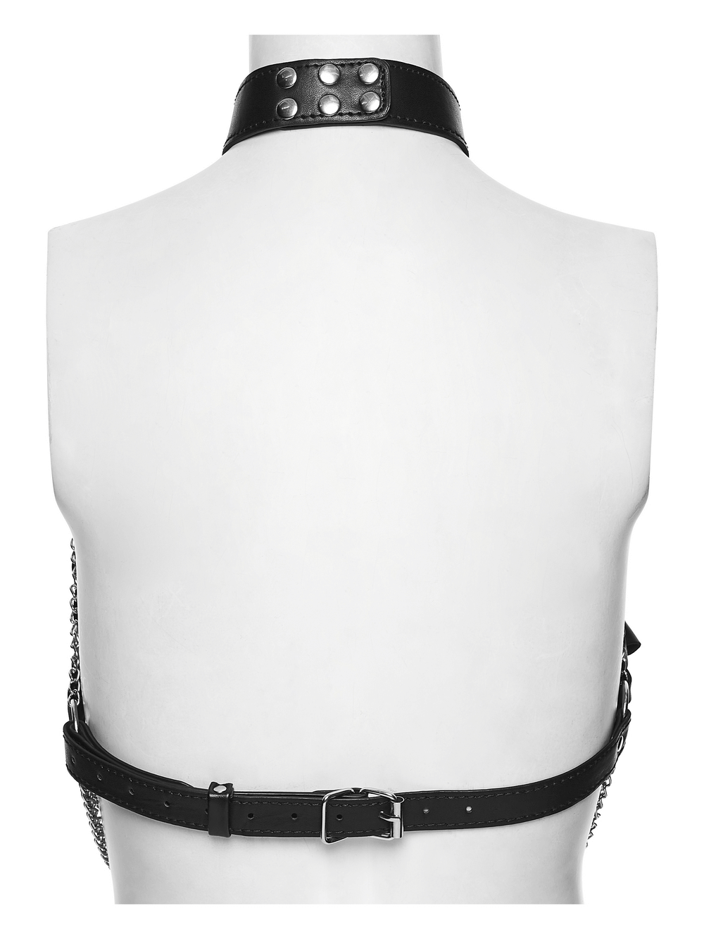 Punk Leather Chest Harness with Chains and Rings showing the back view with metal studs and adjustable strap.