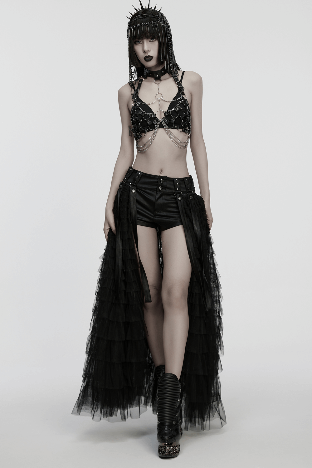 Punk Leather Chest Harness with Chains and Rings showcased in a stunning gothic outfit, featuring chains and dramatic tulle.