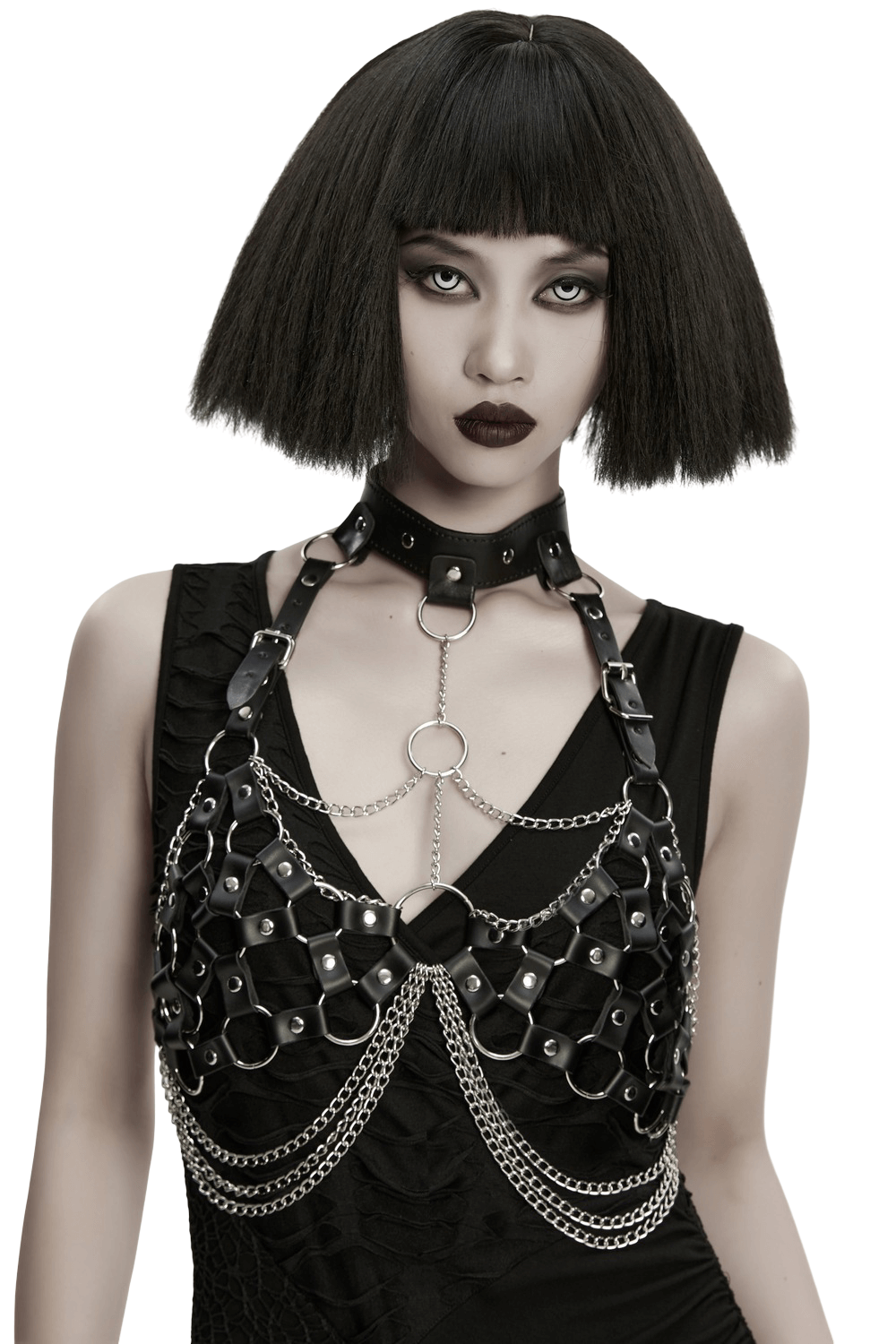Punk Leather Chest Harness with Chains and Rings worn by model showcasing edgy punk style.
