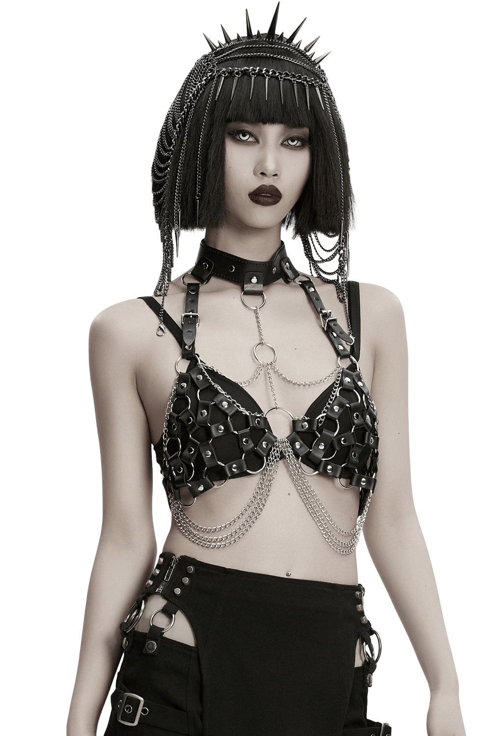 Punk Leather Chest Harness with Chains and Rings worn by model, showcasing edgy style with metal chains and rings.
