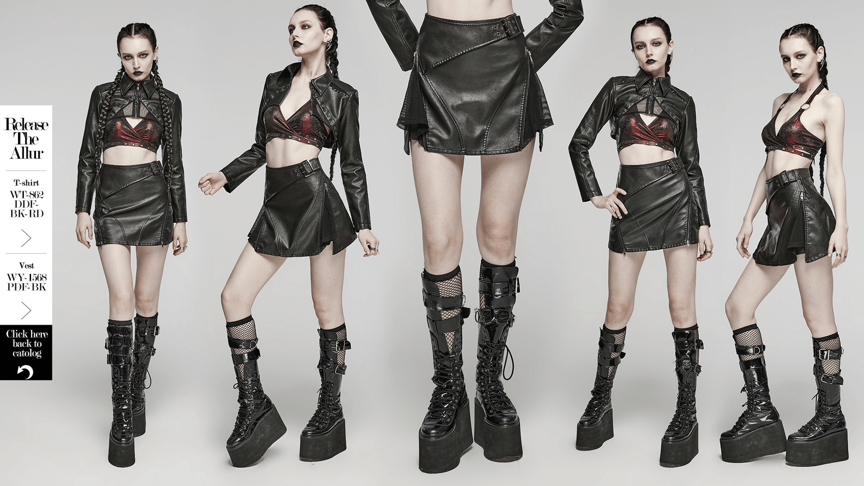 Edgy women's black faux leather mini skirt with mesh panels and side buckle, styled with chunky platform boots.