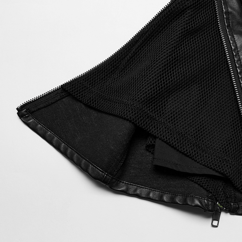 Inside view of a punk leather mini skirt, featuring mesh panels and zipper details for an edgy look.