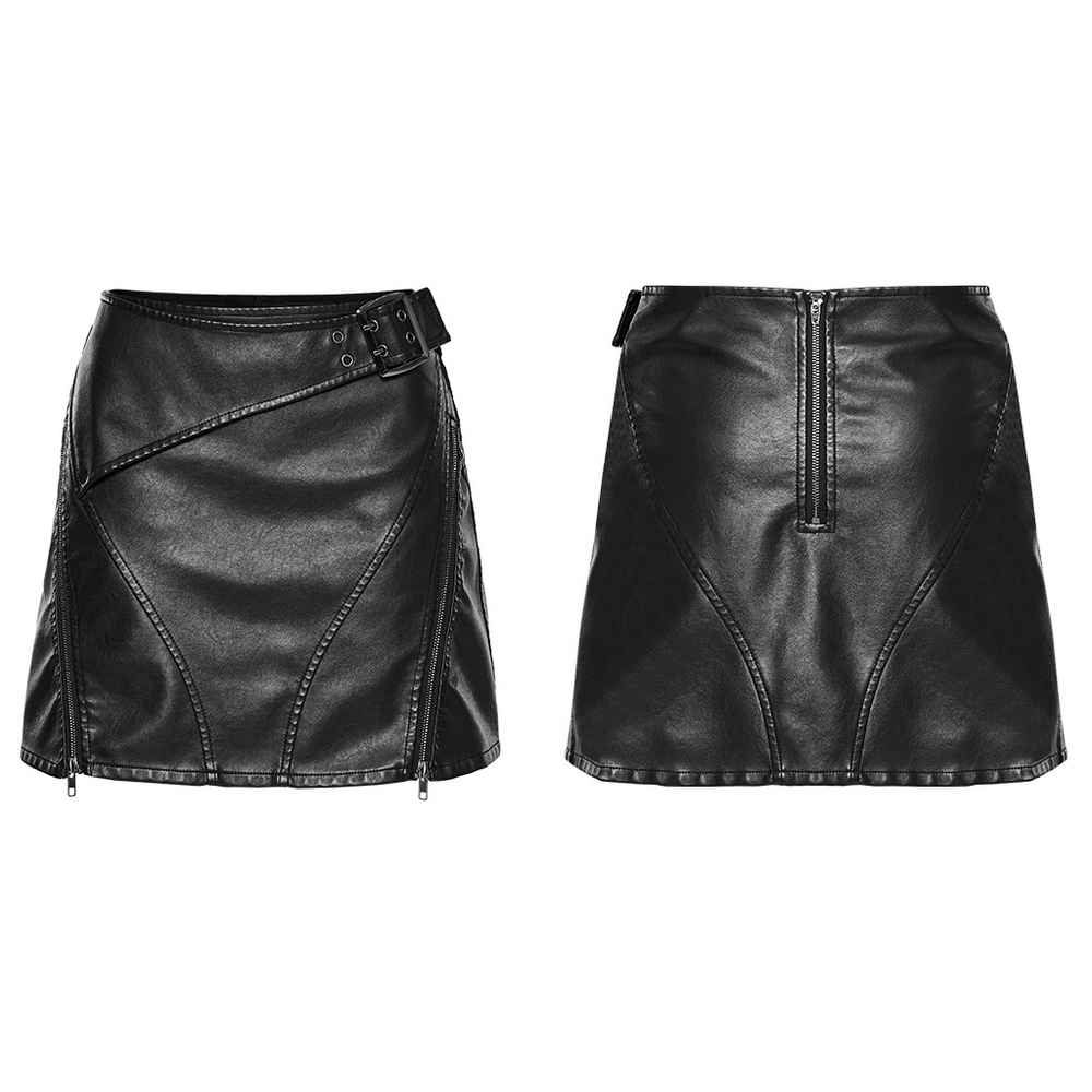 Edgy black faux leather mini skirt with mesh panels, side buckle, and zippers for a stylish A-line silhouette.