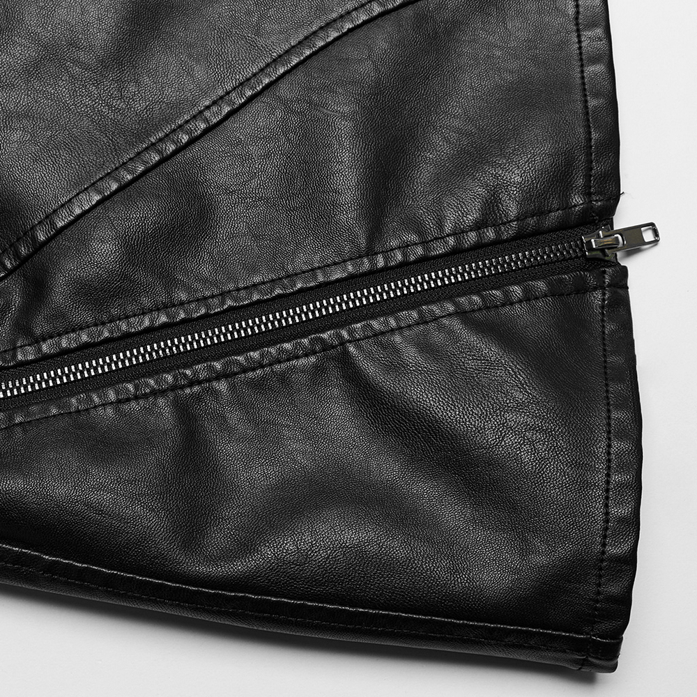 Close-up of black faux leather fabric featuring a stylish zipper detail.