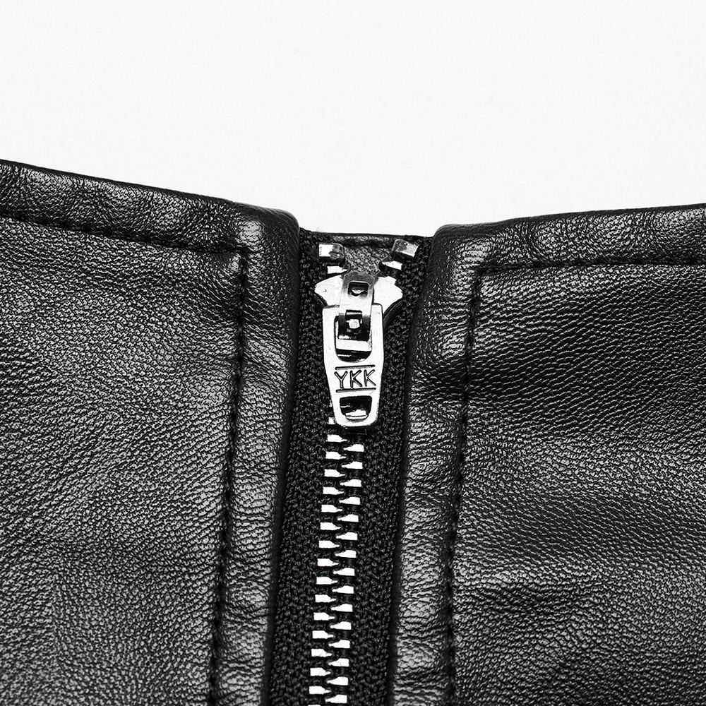 Close-up of the zipper detail on a black faux leather skirt, showcasing its edgy design and quality craftsmanship.