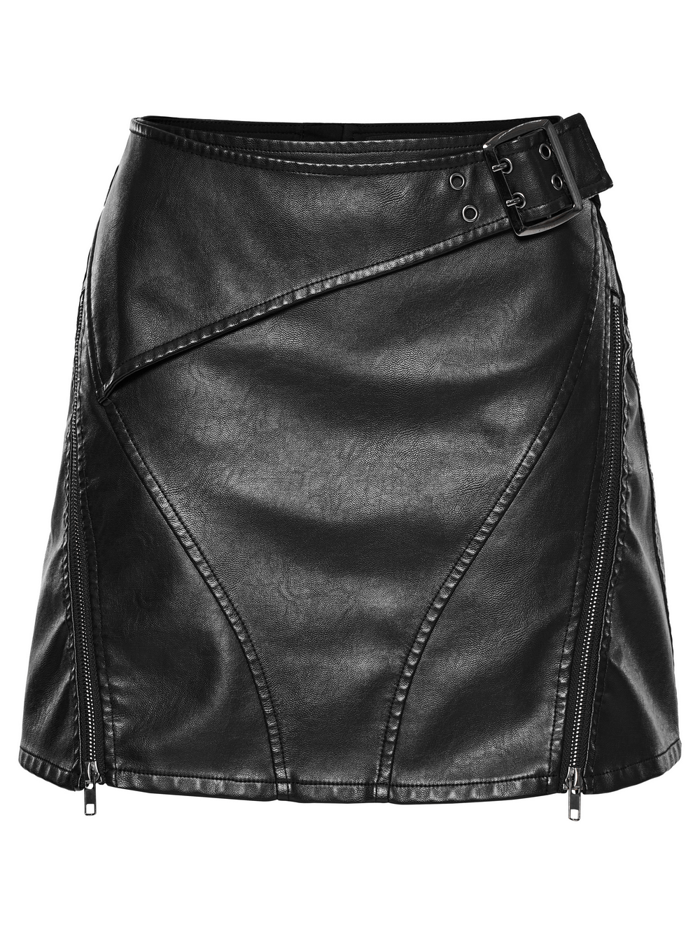 Edgy black faux leather mini skirt with mesh panels, zippers, and side buckle for trendy style.