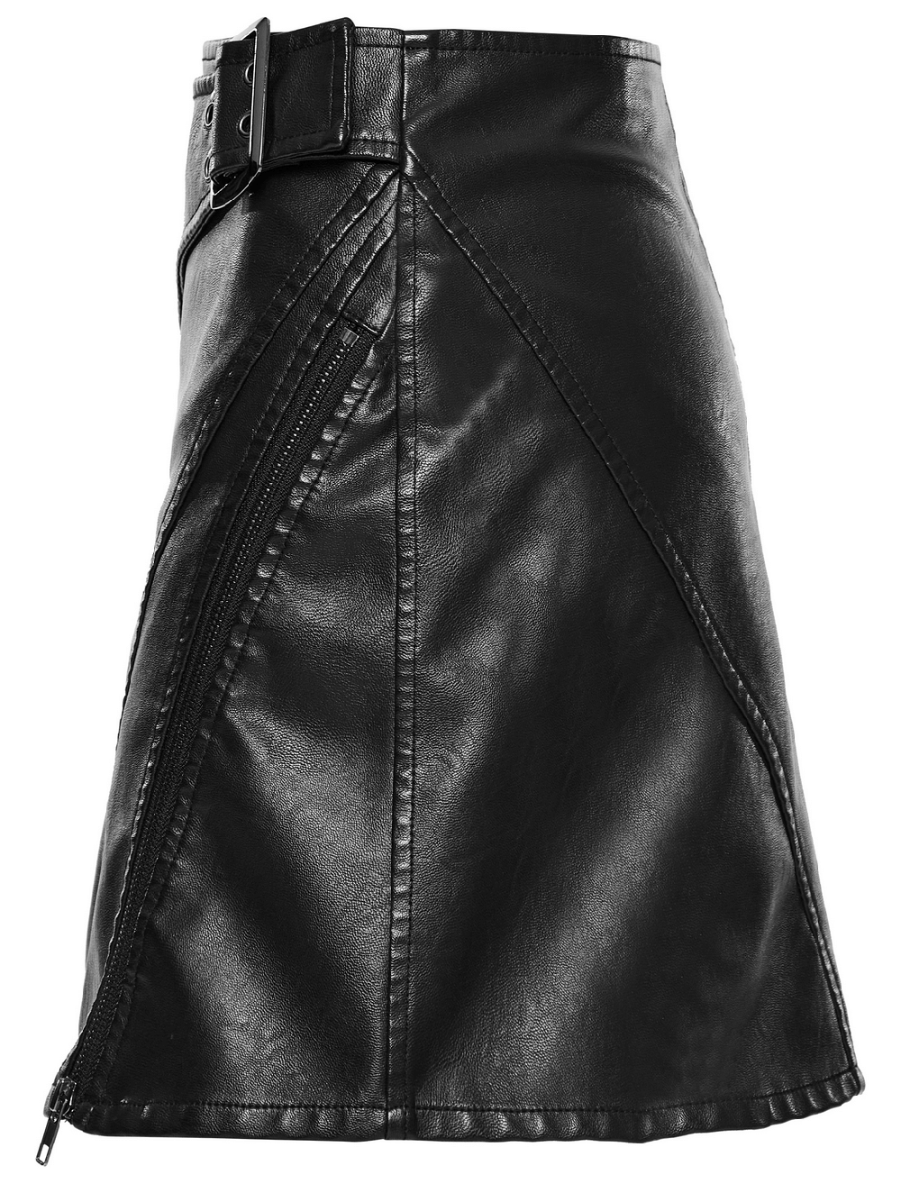 Edgy black faux leather mini skirt with mesh panels and side buckle, perfect for a rebellious wardrobe.