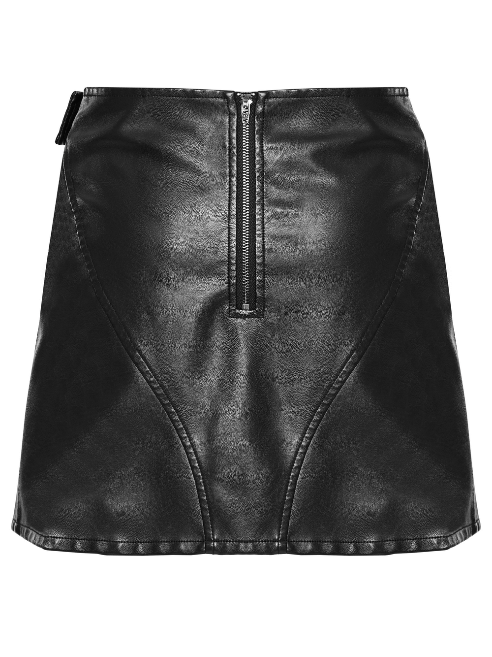 Edgy black faux leather mini skirt with front zipper and stylish mesh panels for a chic look.